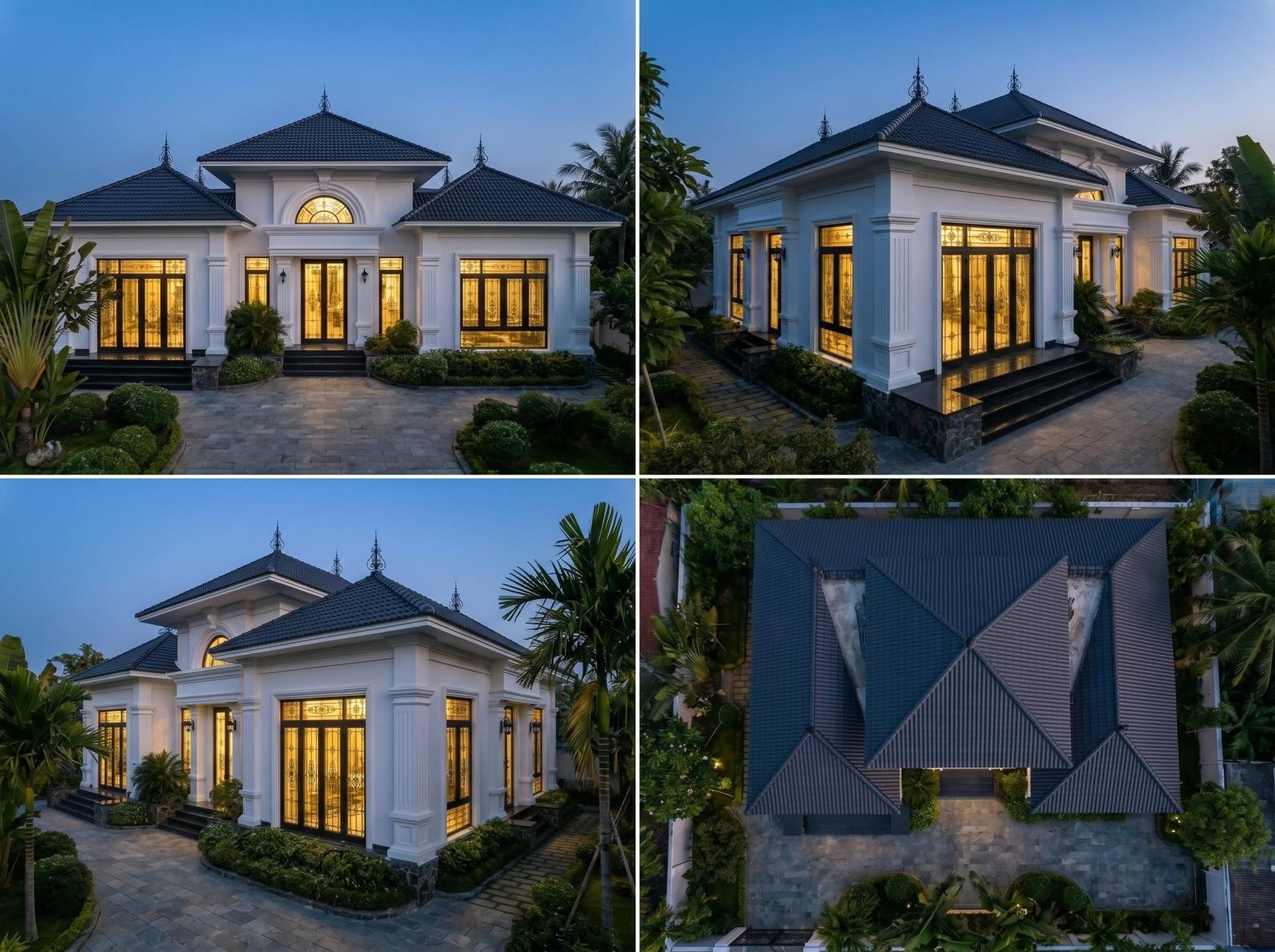 Thiết kế biệt thự một tầng mái chóp Kon Tum — nhà trắng, cửa kính, sân đá, nhìn mái từ trên