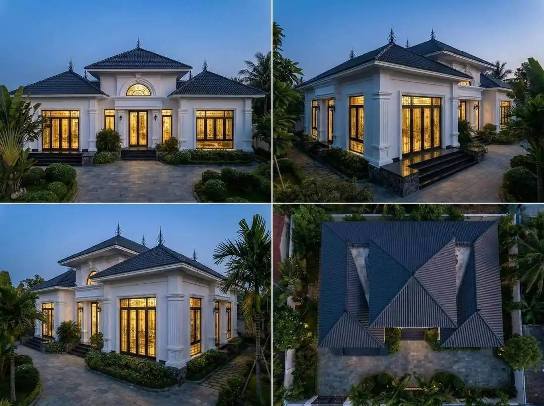 Biệt thự một tầng mái chóp, tường trắng, cửa kính — phong cách tân cổ điển Kon Tum