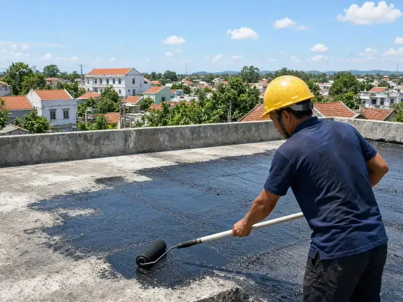 Công nhân Minh Thư chống thấm sân thượng nhà ở Kon Tum