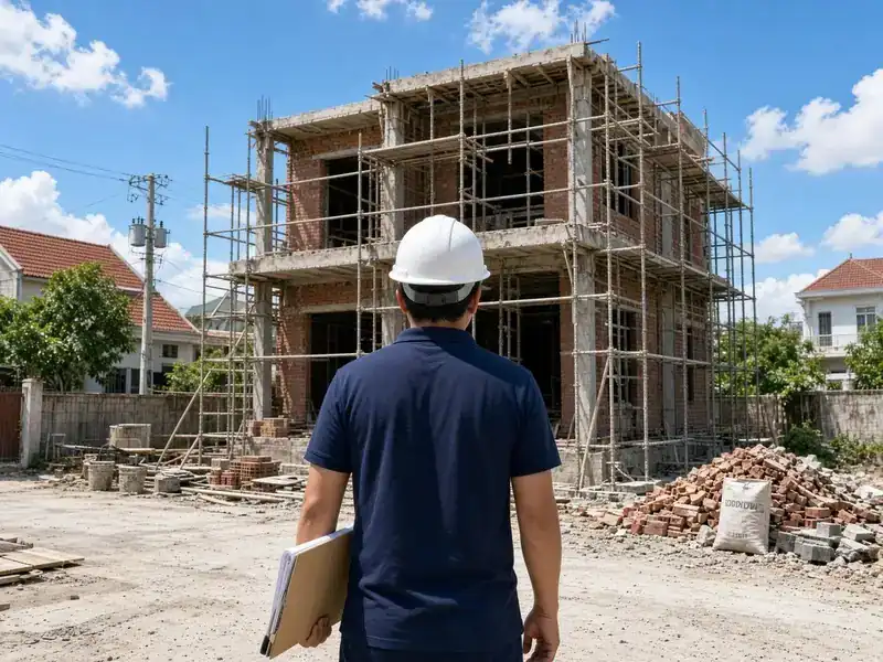 Kỹ sư mũ trắng Minh Thư giám sát thi công nhà, chụp từ sau lưng