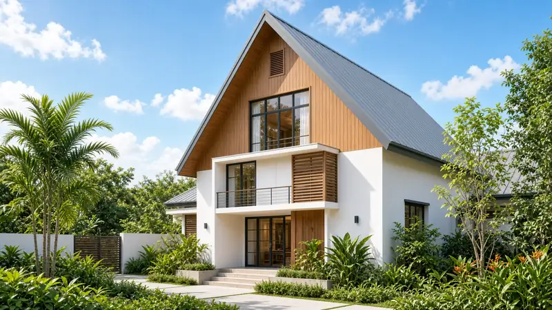 Nhà ốp gỗ, mái tôn lệch, vườn nhiệt đới dưới trời nắng Kon Tum