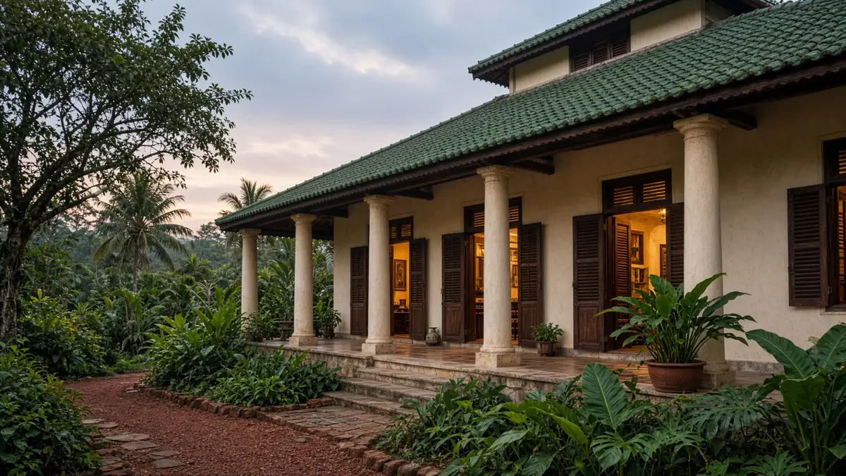 Nhà Indochine tường kem, cột hiên, mái ngói, cửa gỗ dưới trời nắng Kon Tum