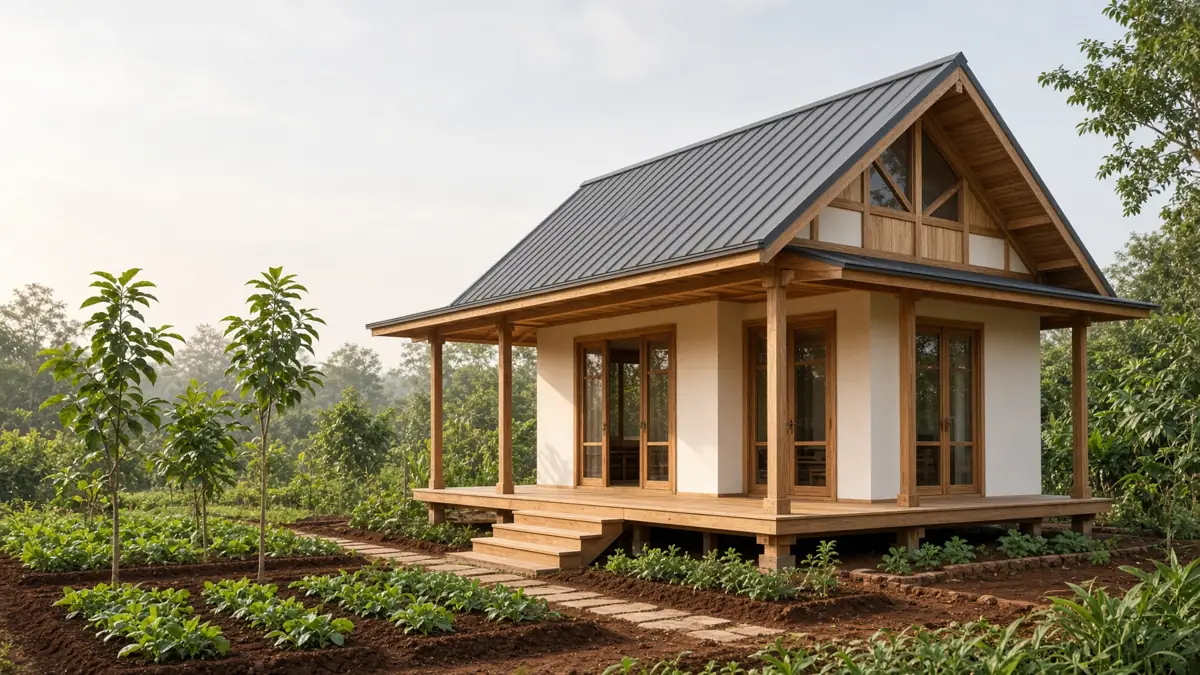 Nhà vườn thô mộc mới xây: hiên gỗ, mái dốc, vườn rau — Kon Tum