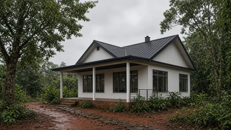 Nhà ốp gỗ trắng, mái tôn đen dốc, hiên đơn giản — Scandinavian thích nghi Kon Tum