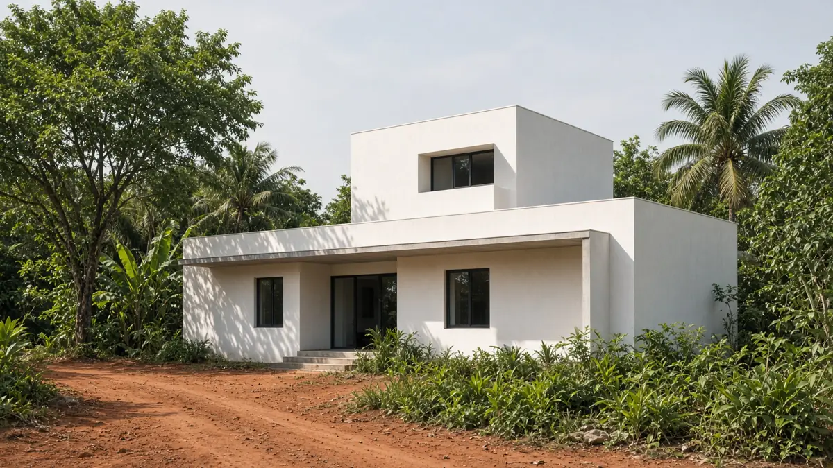 Nhà tối giản tường trắng, mái đưa sâu, cửa kính hẹp — Kon Tum