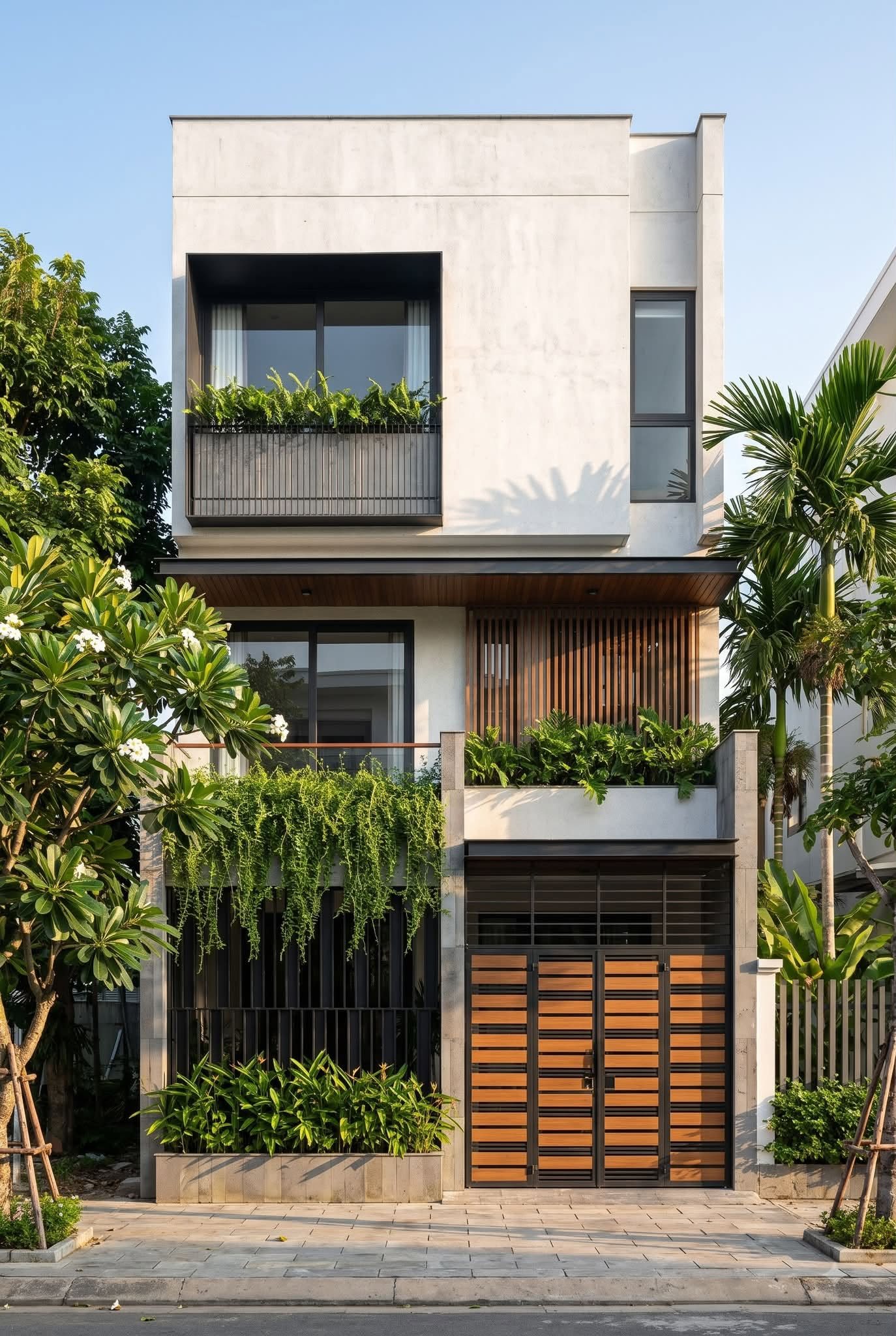 Nhà 2 tầng lam gỗ & cây