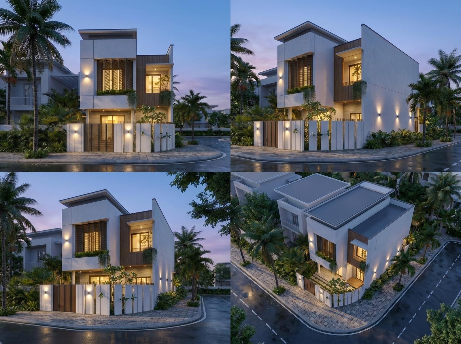 Thiết kế nhà 2 tầng góc phố Kon Tum — tường vôi, lam gỗ, đèn đêm, hàng rào thanh