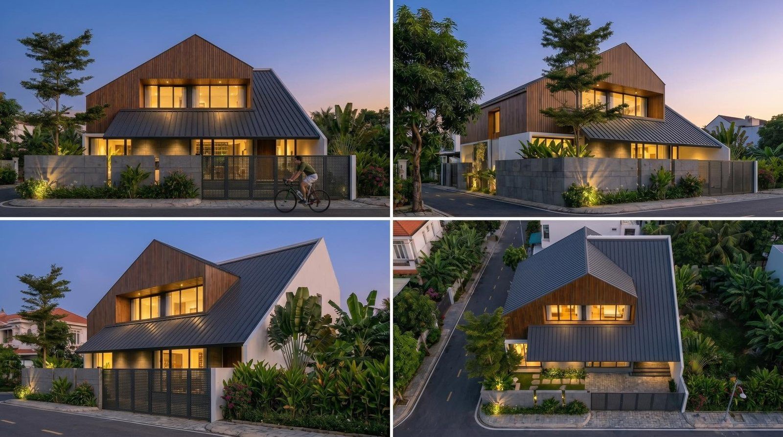 Biệt thự gỗ mái dốc buổi tối, hàng rào bê tông, Tây Nguyên