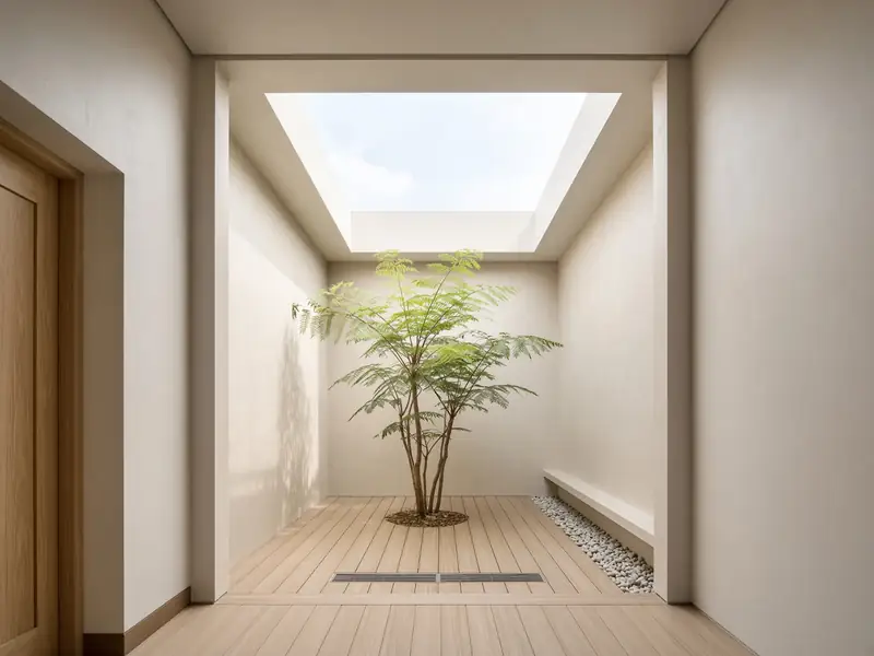 Giếng trời Japandi nhà phố Kon Tum — cây, tường vôi, ánh sáng đỉnh