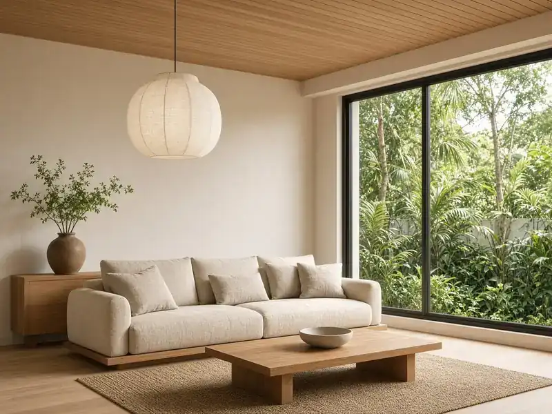 Phòng khách Japandi: sofa vải lanh, gỗ sồi, đèn giấy — thiết kế nội thất Minh Thư