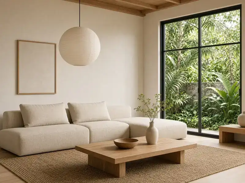 Phòng khách Japandi Kon Tum — sofa vải lanh, gỗ sồi, cửa nhìn vườn