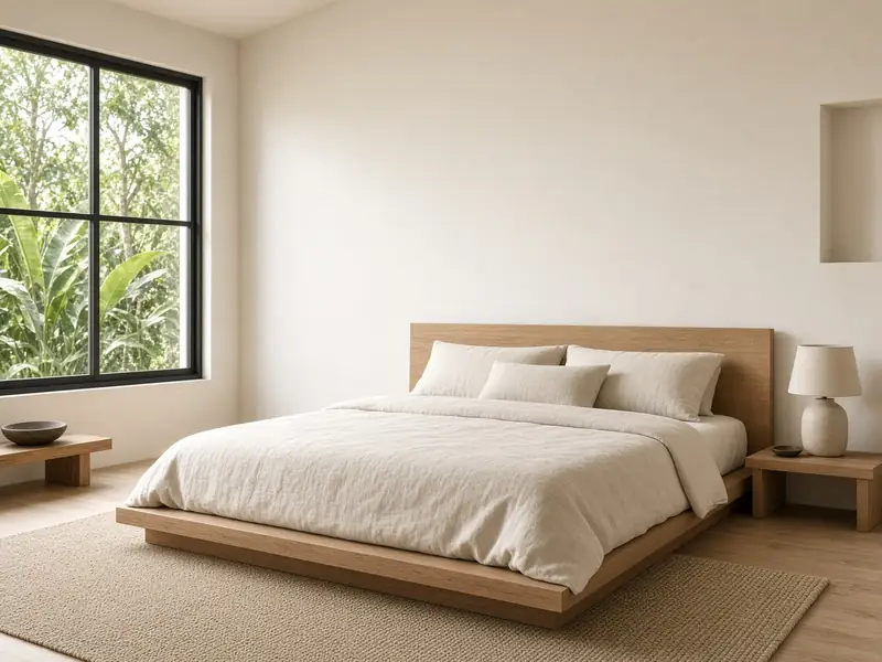 Phòng ngủ Japandi Kon Tum — giường gỗ sồi, vải lanh, cửa sổ vườn