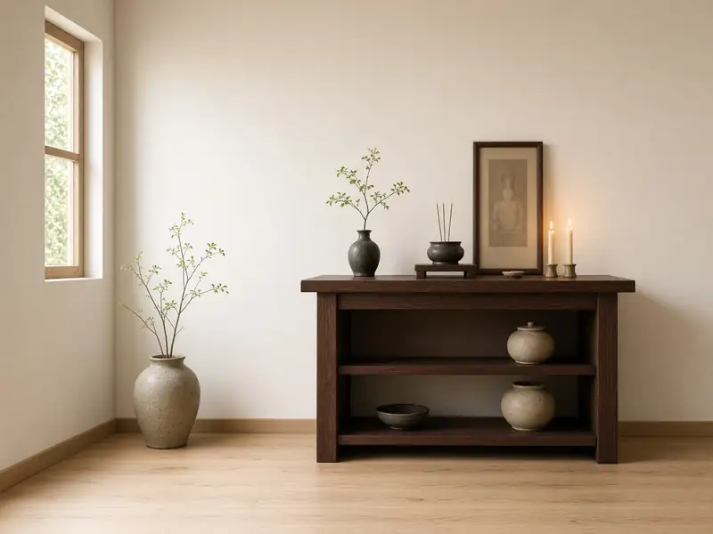 Phòng thờ gỗ đơn giản trong nhà Japandi Kon Tum