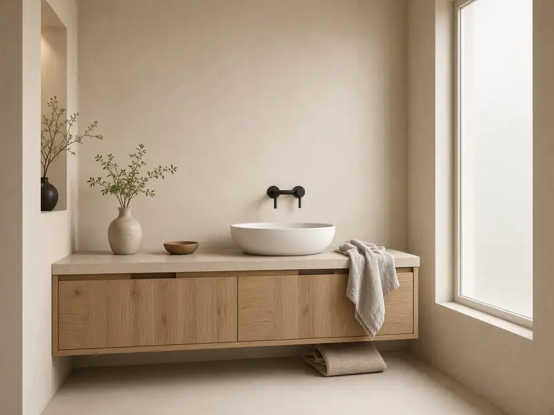 WC Japandi — đá sáng, tủ gỗ sồi, ánh sáng trời