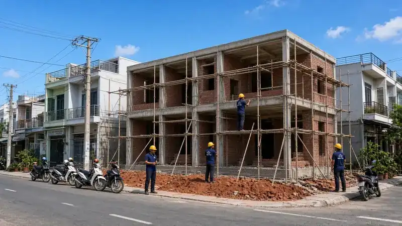 Công nhân mũ vàng Minh Thư thi công nhà 2 tầng trên đường phố Kon Tum