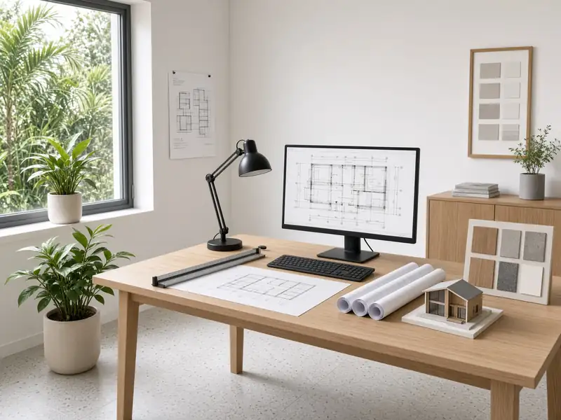 Văn phòng thiết kế Minh Thư: bàn CAD, mô hình nhà, mẫu vật liệu